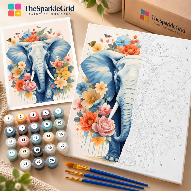 TheSparkleGrid elephant paint by number kit with floral artwork, partially painted numbered canvas, acrylic paint pots, and brushes