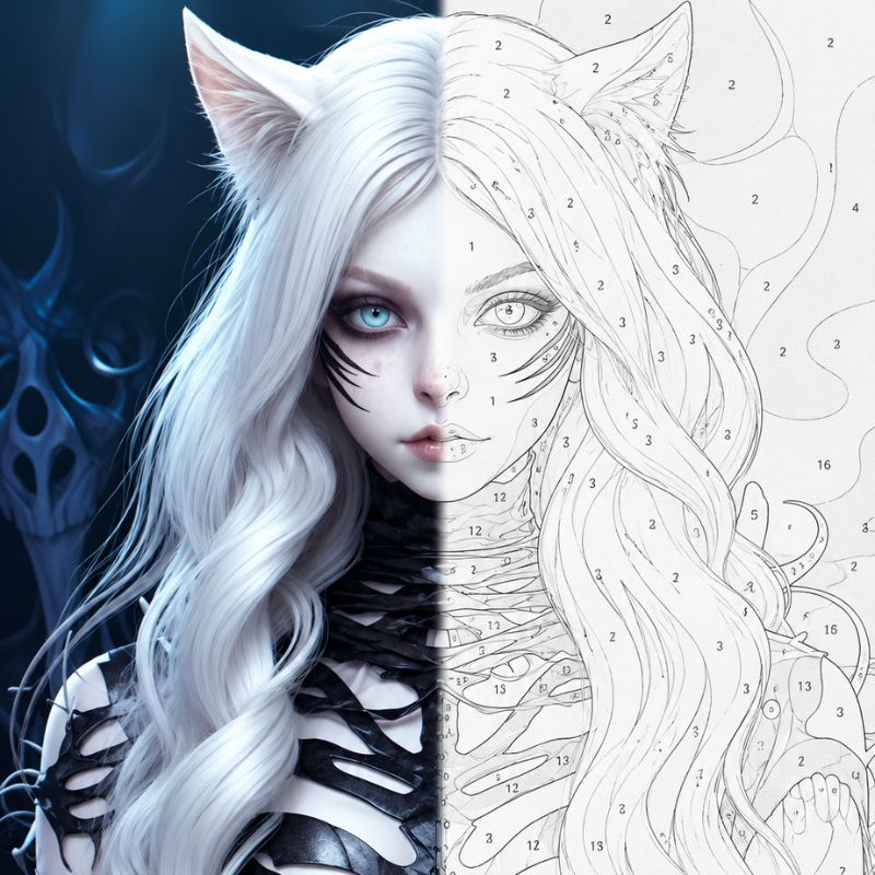 Dark Fantasy Cat Girl Portrait Paint by Numbers Kit | Gothic Fantasy Paint by Numbers for Adults
