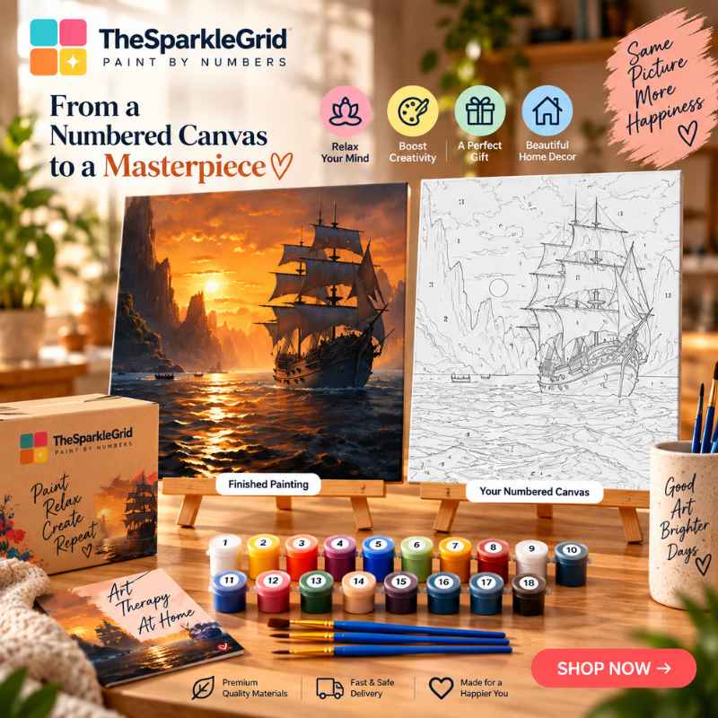 Fantasy sailing ship on a glowing sunset ocean surrounded by dramatic mountains, created as detailed artwork for a paint by numbers design