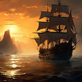 A dramatic sunset seascape with a large sailing ship on the water, silhouetted against glowing orange clouds and reflected light on the waves.