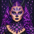 Full diamond painting of a fantasy woman with purple hair, black horns, feline-inspired face makeup, sparkling eyes, and gothic purple costume made from colorful resin diamond drills.