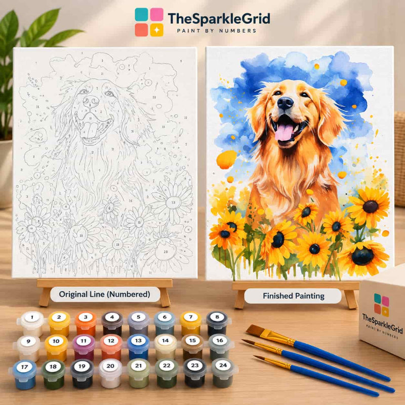 TheSparkleGrid golden retriever paint by numbers kit with numbered line art, finished sunflower dog painting, acrylic paint pots, and brushes