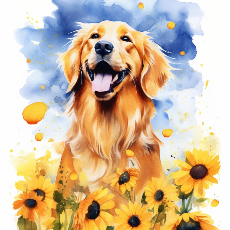 Golden Retriever surrounded by bright yellow sunflowers in a watercolor-style paint by number artwork