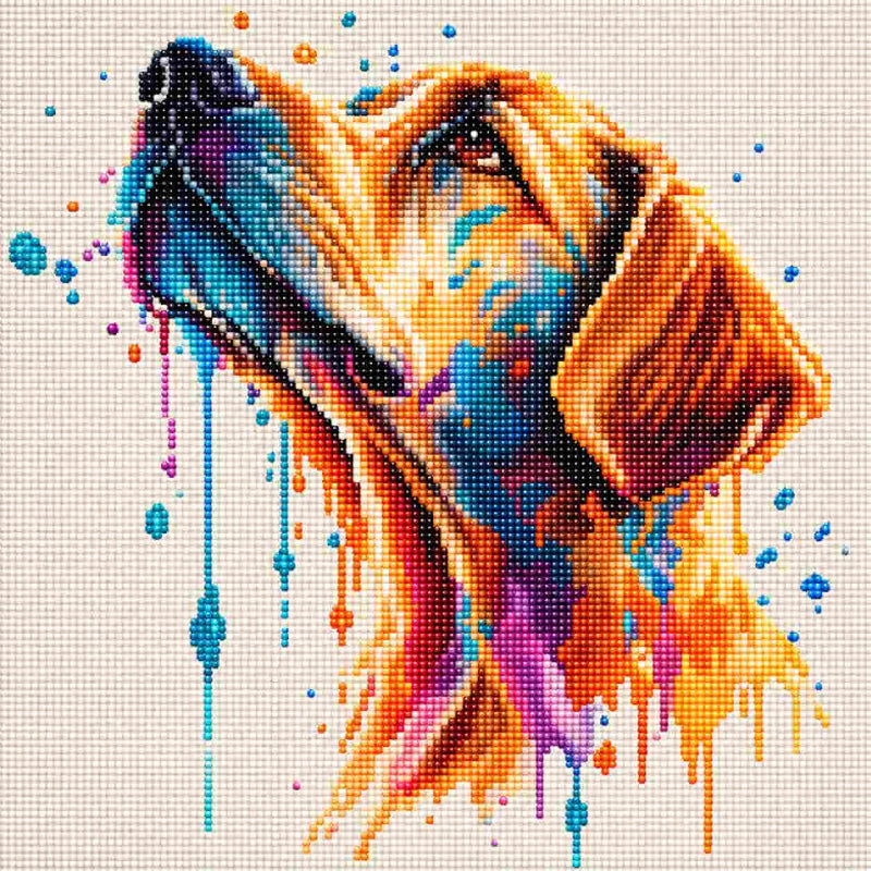 Full diamond painting of a golden retriever portrait with colorful blue, orange, purple, and pink resin diamonds on a white canvas with artistic paint-drip effects.