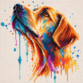 Full diamond painting of a golden retriever portrait with colorful blue, orange, purple, and pink resin diamonds on a white canvas with artistic paint-drip effects.