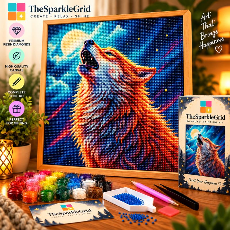 TheSparkleGrid diamond painting kit featuring a completed wolf art piece on a wooden canvas, shown with the printed kit box, colored paint drops, tools, and branding graphics on a styled tabletop setup.
