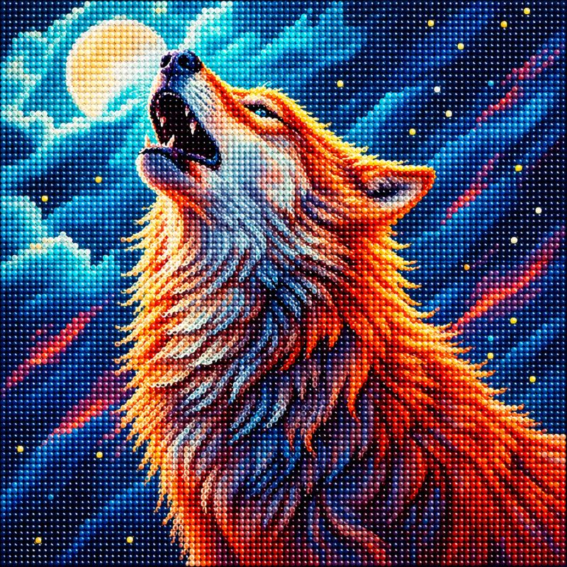 Detailed diamond painting of a howling wolf beneath a glowing full moon in a colorful blue night sky