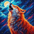 Detailed diamond painting of a howling wolf beneath a glowing full moon in a colorful blue night sky