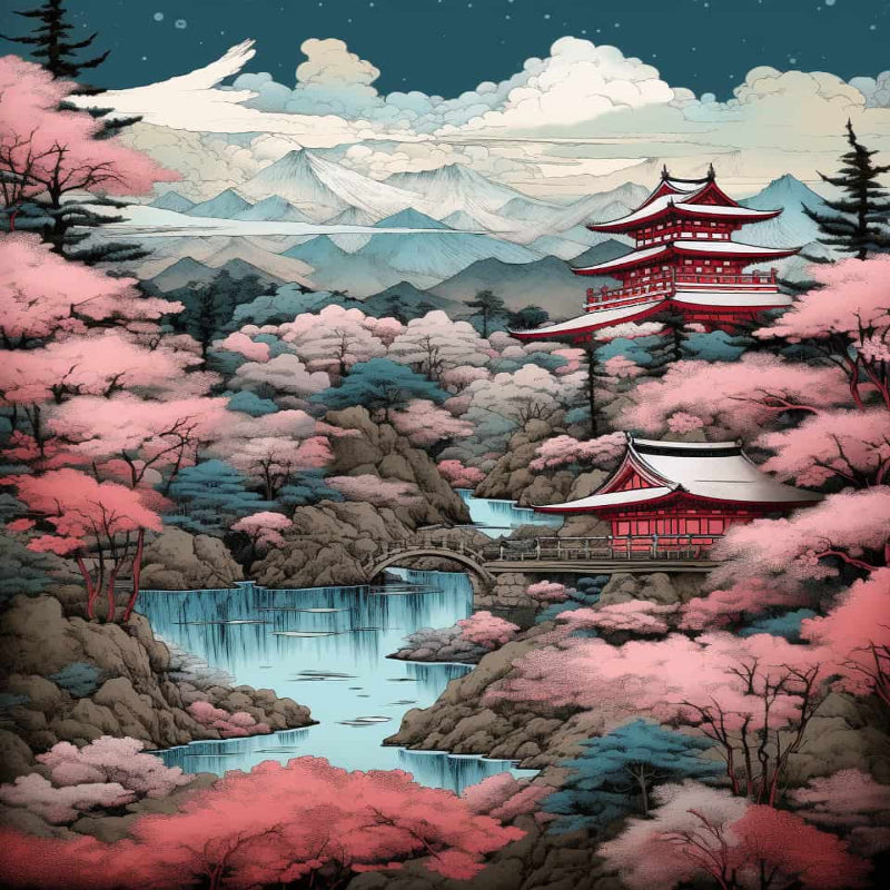 Japanese-inspired paint by numbers artwork featuring red pagodas, cherry blossom trees, mountain peaks, waterfalls, and a peaceful blue river