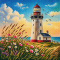 Full diamond painting of a coastal lighthouse surrounded by wildflowers, grassy dunes, ocean and soft pastel sky, created with sparkling resin diamond drills.