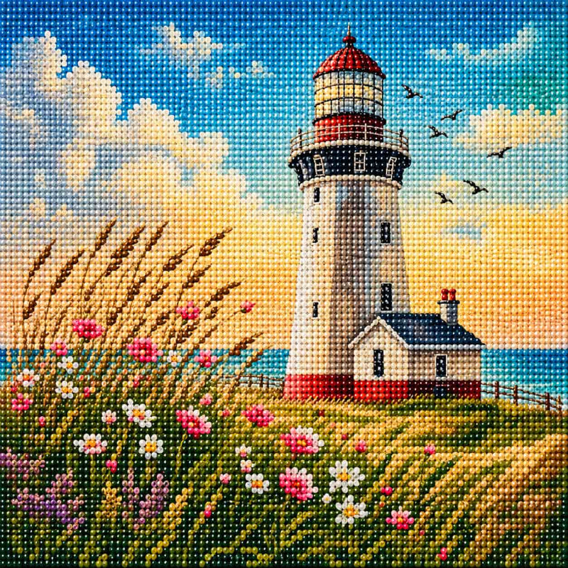 Full diamond painting of a coastal lighthouse surrounded by wildflowers, grassy dunes, ocean and soft pastel sky, created with sparkling resin diamond drills.