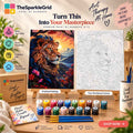 TheSparkleGrid lion paint by numbers kit promotional image featuring finished lion artwork, numbered canvas, paint pots, brushes, and branded packaging