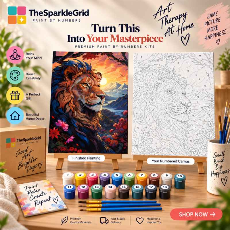 TheSparkleGrid lion paint by numbers kit promotional image featuring finished lion artwork, numbered canvas, paint pots, brushes, and branded packaging