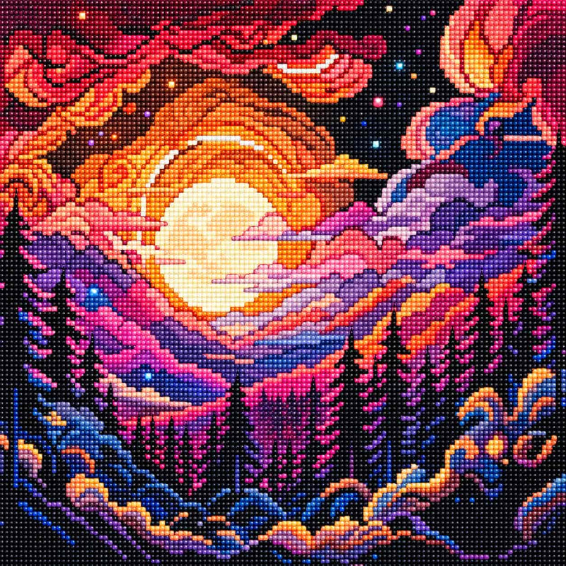 Colourful diamond painting artwork featuring a glowing full moon, swirling pink and orange clouds, a starry night sky and dark forest silhouettes made with sparkling resin gems.