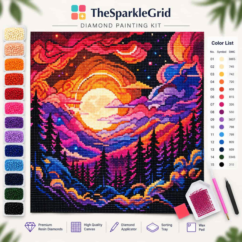 Colourful diamond painting artwork featuring a glowing moon, vibrant pink and orange clouds, mountains and dark forest silhouettes created with sparkling resin gems.
