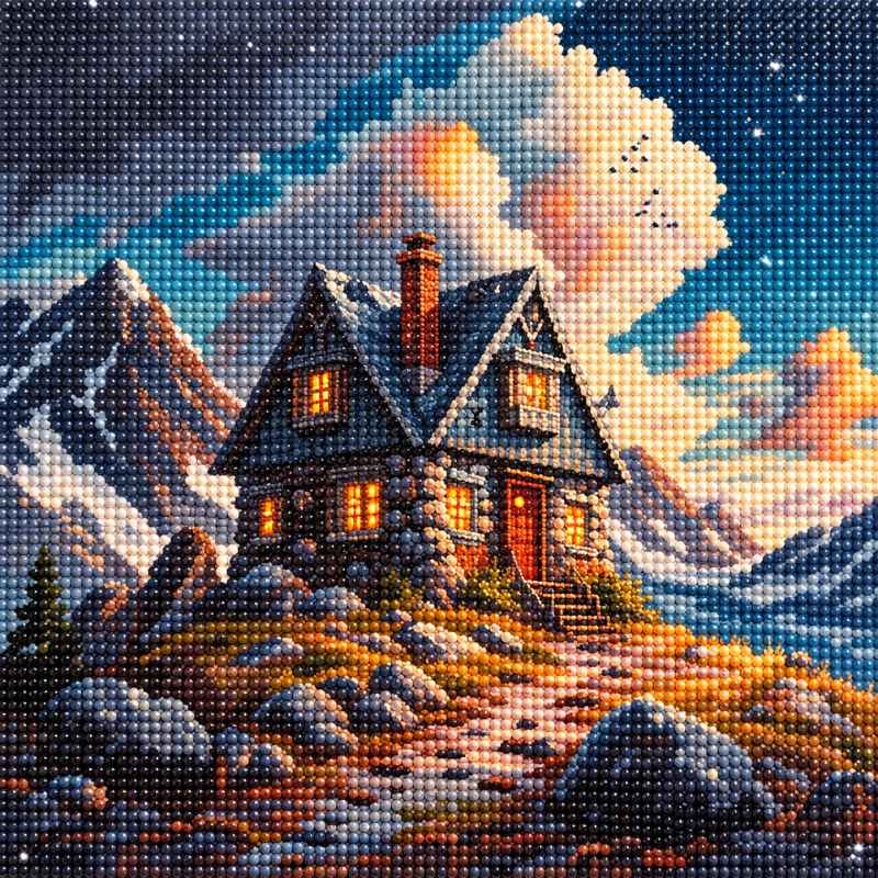 TheSparkleGrid diamond painting of a cozy mountain cabin with glowing windows, snowy peaks, dramatic sunset clouds, and sparkling resin diamond drills