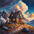 TheSparkleGrid diamond painting of a cozy mountain cabin with glowing windows, snowy peaks, dramatic sunset clouds, and sparkling resin diamond drills