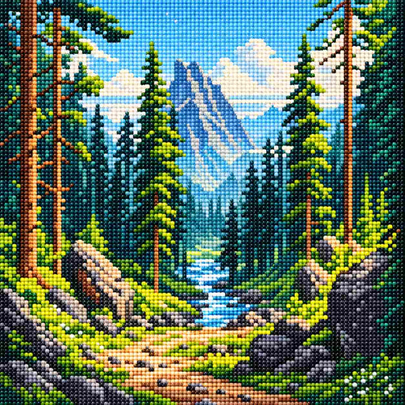 Full diamond painting of a peaceful mountain valley with pine forest, winding stream, rocky trail, and dramatic blue mountain peaks made from colorful resin diamonds.