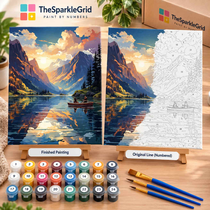 Mountain lake sunset landscape with dramatic peaks, reflections, pine trees, and a small boat, ideal for a paint by numbers artwork