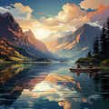 Mountain lake at sunset with dramatic peaks, pine trees, reflections, and a boat, colorful landscape artwork for paint by numbers