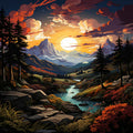 Finished paint by numbers artwork of a dramatic mountain sunset with pine trees, flowing river, colorful clouds, and vibrant wildflowers