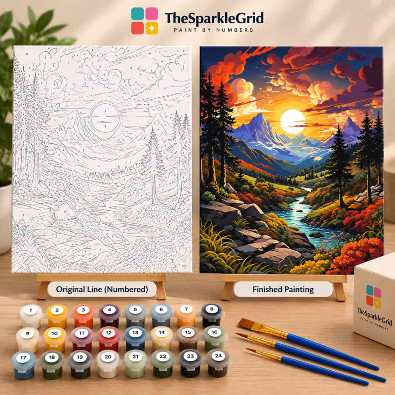 Paint by numbers kit showing the original numbered line canvas beside the finished mountain sunset painting, with paint pots and brushes