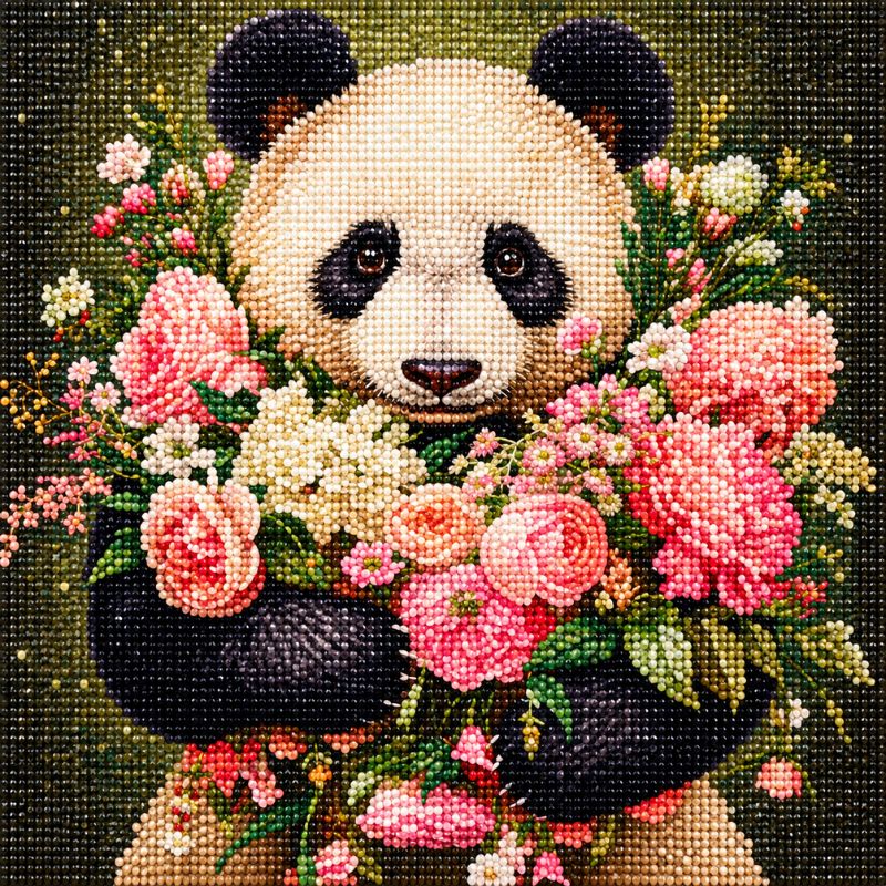 Cute panda holding a bouquet of pink and white flowers in a detailed diamond painting design
A charming panda diamond painting featuring a cute panda surrounded by soft pink, white, and peach flowers. This floral animal artwork is ideal for relaxing diamond painting projects, home decor, and gifting.