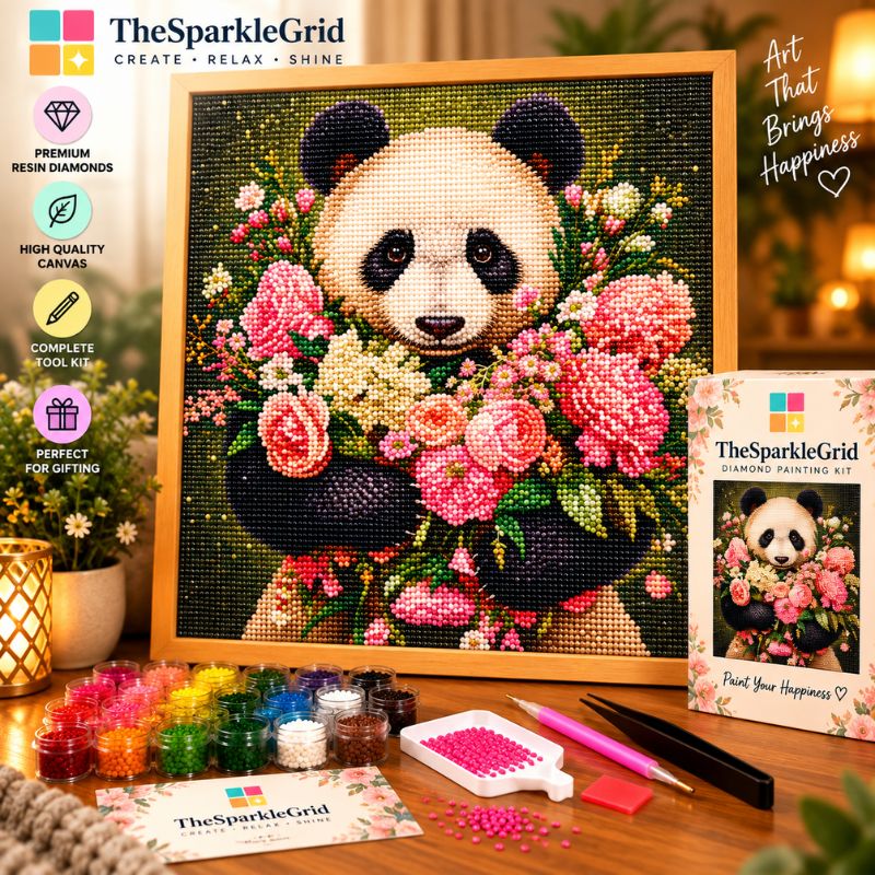 TheSparkleGrid panda flower diamond painting kit with framed artwork, colorful resin diamonds, tools and packaging

Discover a beautiful panda flower diamond painting kit from TheSparkleGrid, featuring a colorful panda artwork surrounded by flowers, premium resin diamonds, diamond painting tools, and a complete crafting setup. A creative activity for relaxing, decorating, and gifting.
Primary Keyword: panda flower diamond painting kit
Secondary Keywords: diamond painting kit, panda diamond art kit, animal d