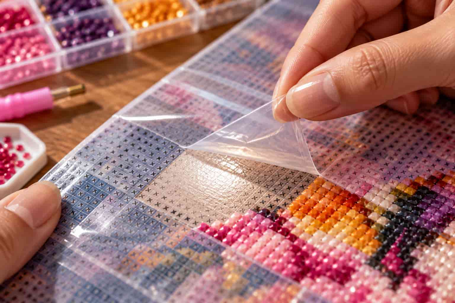 A close-up showing how to peel back only a small section of the diamond painting protective film.