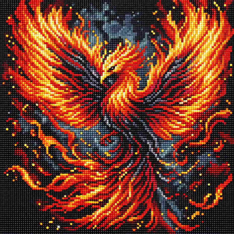 Fiery phoenix diamond painting made with sparkling red, orange, yellow, black, and gold resin diamonds on a dark background.