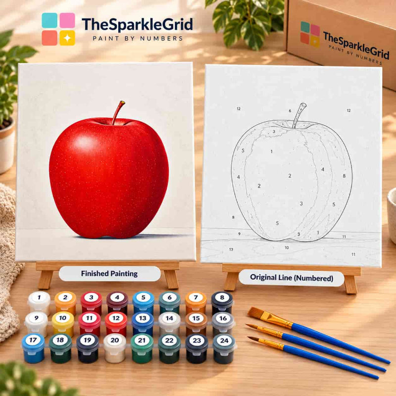 Realistic red apple on a clean white background used as a paint by numbers reference image