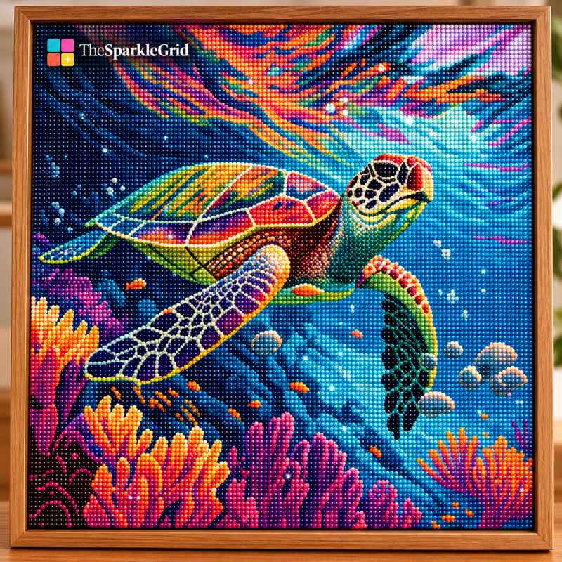 Colorful sea turtle diamond painting artwork with sparkling resin drills, coral reef, tropical underwater scene, and vibrant blue ocean background.

A colorful sea turtle diamond painting artwork featuring sparkling resin diamonds, vibrant coral, underwater details, and rich blue ocean tones. The design is suitable for diamond painting enthusiasts, ocean-themed wall art, and creative craft projects.