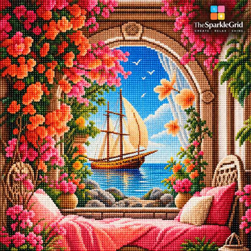 Colorful seaside sailboat diamond painting featuring a Mediterranean archway, pink and orange flowers, blue ocean, and a cozy pink bed with sparkling diamond drills.

A vibrant Mediterranean-inspired diamond painting featuring a wooden sailboat on a peaceful blue sea, framed by a floral archway with colorful flowers, cozy pink bedding, plants, and warm candlelight. The artwork creates a relaxing coastal atmosphere for diamond painting and home decor.