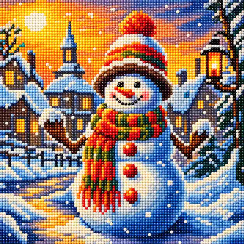 Full diamond painting of a cheerful snowman wearing a colorful striped hat and scarf in a snowy winter village, with glowing houses, lantern, falling snow, and sparkling resin diamond drills.