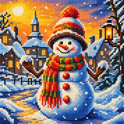 Full diamond painting of a cheerful snowman wearing a colorful striped hat and scarf in a snowy winter village, with glowing houses, lantern, falling snow, and sparkling resin diamond drills.
