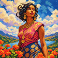 Full diamond painting of a South Asian woman wearing a vibrant pink and gold sari, traditional jewelry, and surrounded by colorful flowers, mountains, water, and clouds.
