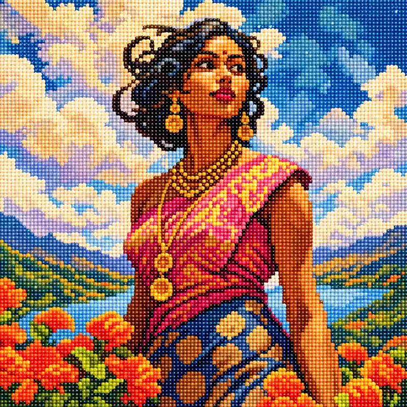 Full diamond painting of a South Asian woman wearing a vibrant pink and gold sari, traditional jewelry, and surrounded by colorful flowers, mountains, water, and clouds.