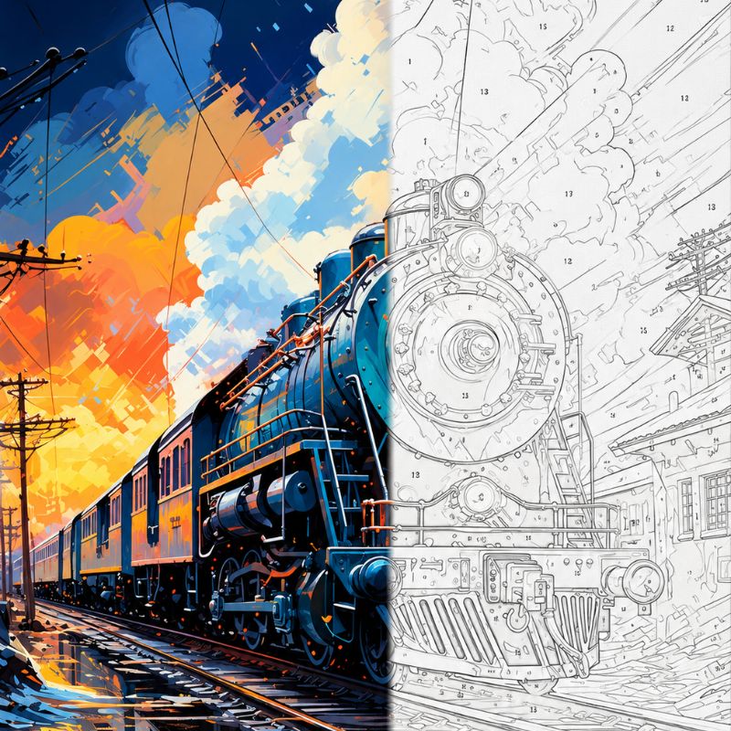 Steam locomotive artwork shown half as a colorful finished painting and half as a numbered paint by numbers canvas with detailed train tracks and sunset sky