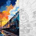 Steam locomotive artwork shown half as a colorful finished painting and half as a numbered paint by numbers canvas with detailed train tracks and sunset sky