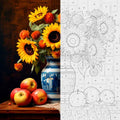 A split-screen comparison of a classic still life painting and its uncolored line art version. The left side shows a vibrant painting of yellow sunflowers in a blue and white patterned vase with red apples on a wooden table.
