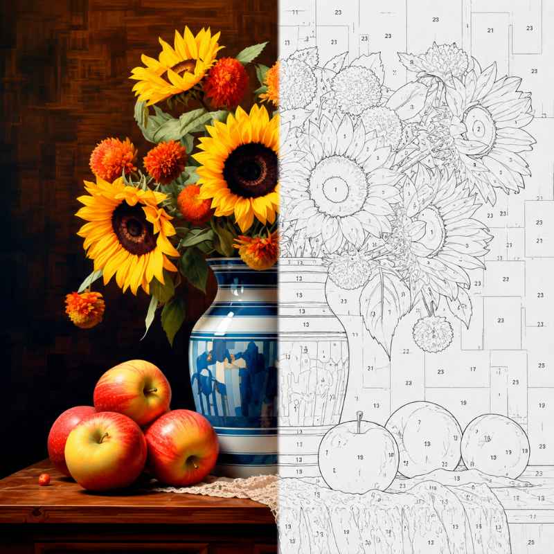 A split-screen comparison of a classic still life painting and its uncolored line art version. The left side shows a vibrant painting of yellow sunflowers in a blue and white patterned vase with red apples on a wooden table.