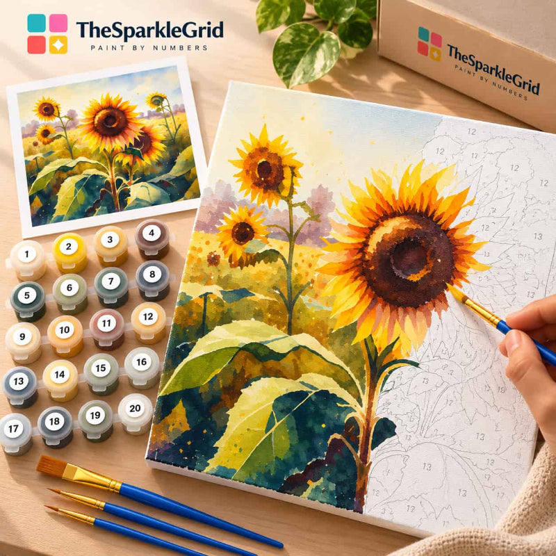 TheSparkleGrid sunflower paint by numbers kit being painted on canvas with numbered sections, acrylic paint pots, brushes, and finished sunflower artwork in the background