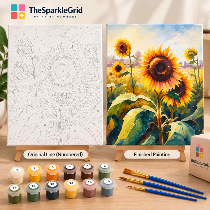 Sunflower paint by numbers kit showing the original numbered canvas beside the finished sunflower painting, with paint pots and brushes