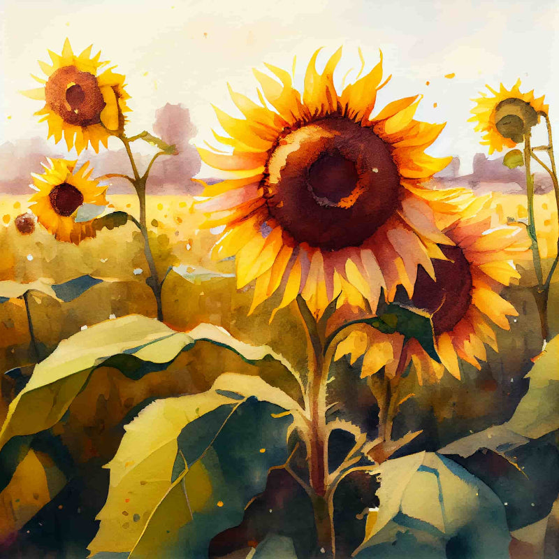 Beautiful sunflower paint by numbers artwork featuring bright yellow sunflowers, green leaves, and a warm countryside field in watercolor style