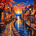 TheSparkleGrid diamond painting artwork featuring a colourful sunset canal town with glowing cafés, historic buildings, street lamps, distant mountains and sparkling water reflections.