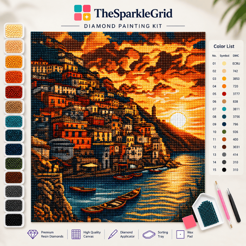 Diamond painting artwork featuring a colourful sunset harbor scene created with sparkling resin gems.