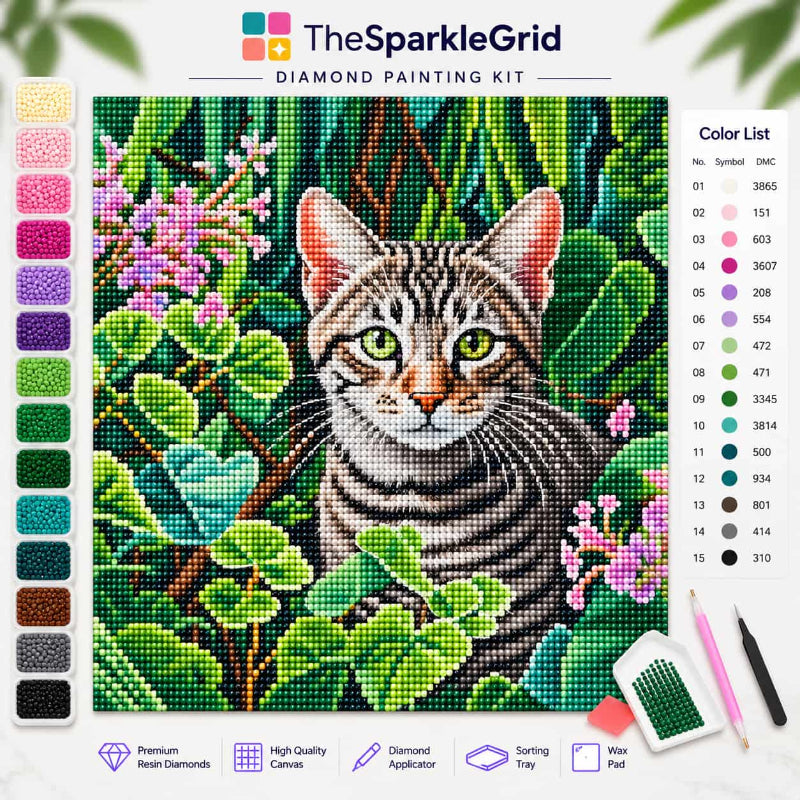 TheSparkleGrid diamond painting kit featuring a detailed tabby cat surrounded by lush green leaves and pink flowers, created with sparkling faceted resin diamonds, colour chart and diamond painting tools.