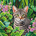 Diamond painting artwork featuring a grey tabby cat surrounded by lush green leaves and delicate pink flowers, created with sparkling faceted resin gems.