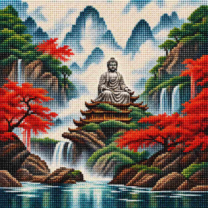 TheSparkleGrid Buddha diamond painting featuring a peaceful seated Buddha surrounded by misty mountains, waterfalls, red autumn trees, and a reflective lake, created with sparkling resin diamonds.