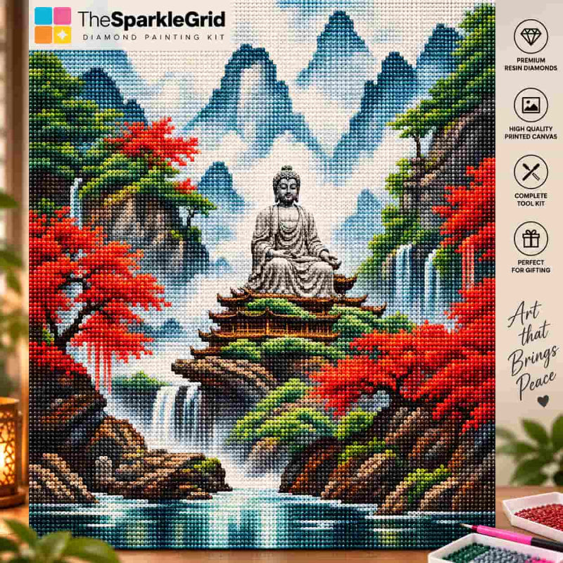 TheSparkleGrid Buddha diamond painting featuring a peaceful seated Buddha surrounded by misty mountains